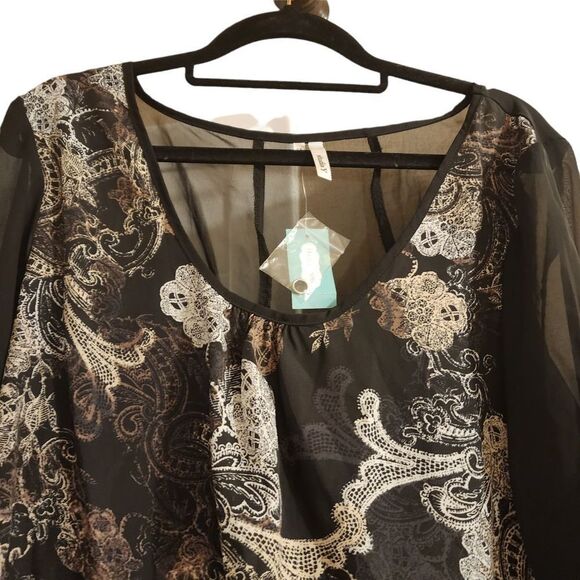 Maurices Studio Y Large Black White Lace Button 3/4 Sleeve Chiffon Top - Picture 7 of 13